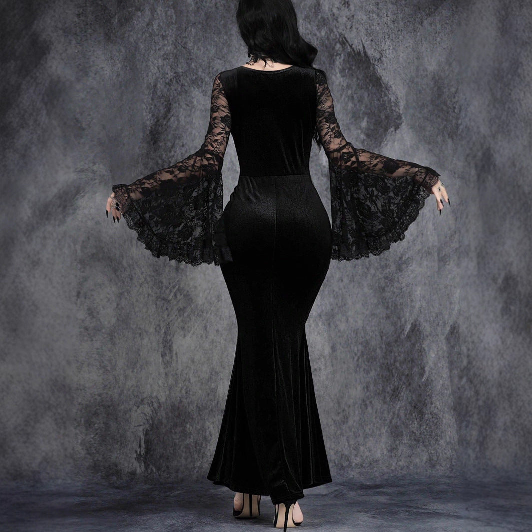 Lace-panelled Cinched-waist Dress With Flared Sleeves
