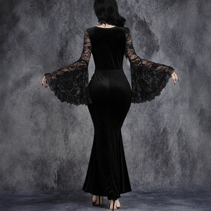 Lace-panelled Cinched-waist Dress With Flared Sleeves