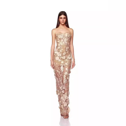 Three-dimensional Flower Tube Top Dress Banquet Dress