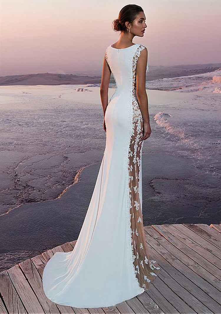 Sleeveless Mermaid Wedding Dress - Illusory Lace Side Cutout Bridal Gown