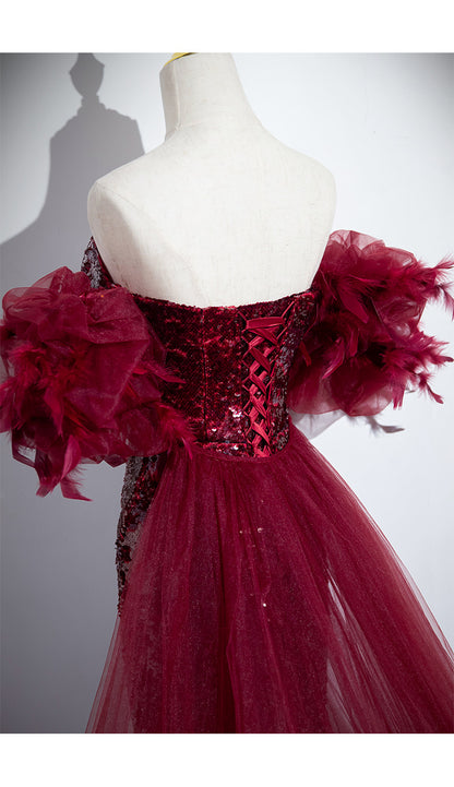 Off-The-Shoulder Sequin Mermaid Dress - Red Formal Evening Gown with Ruffle Sleeves