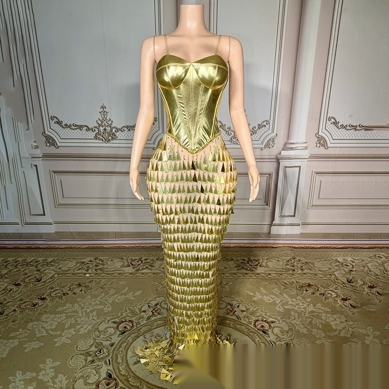 Golden Bright Surface Bandage Design Tight Waist Slimming Mermaid Formal Dress