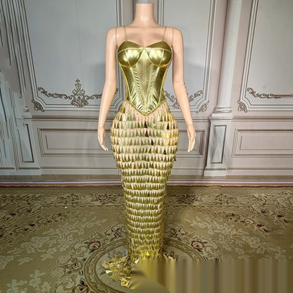 Golden Bright Surface Bandage Design Tight Waist Slimming Mermaid Formal Dress