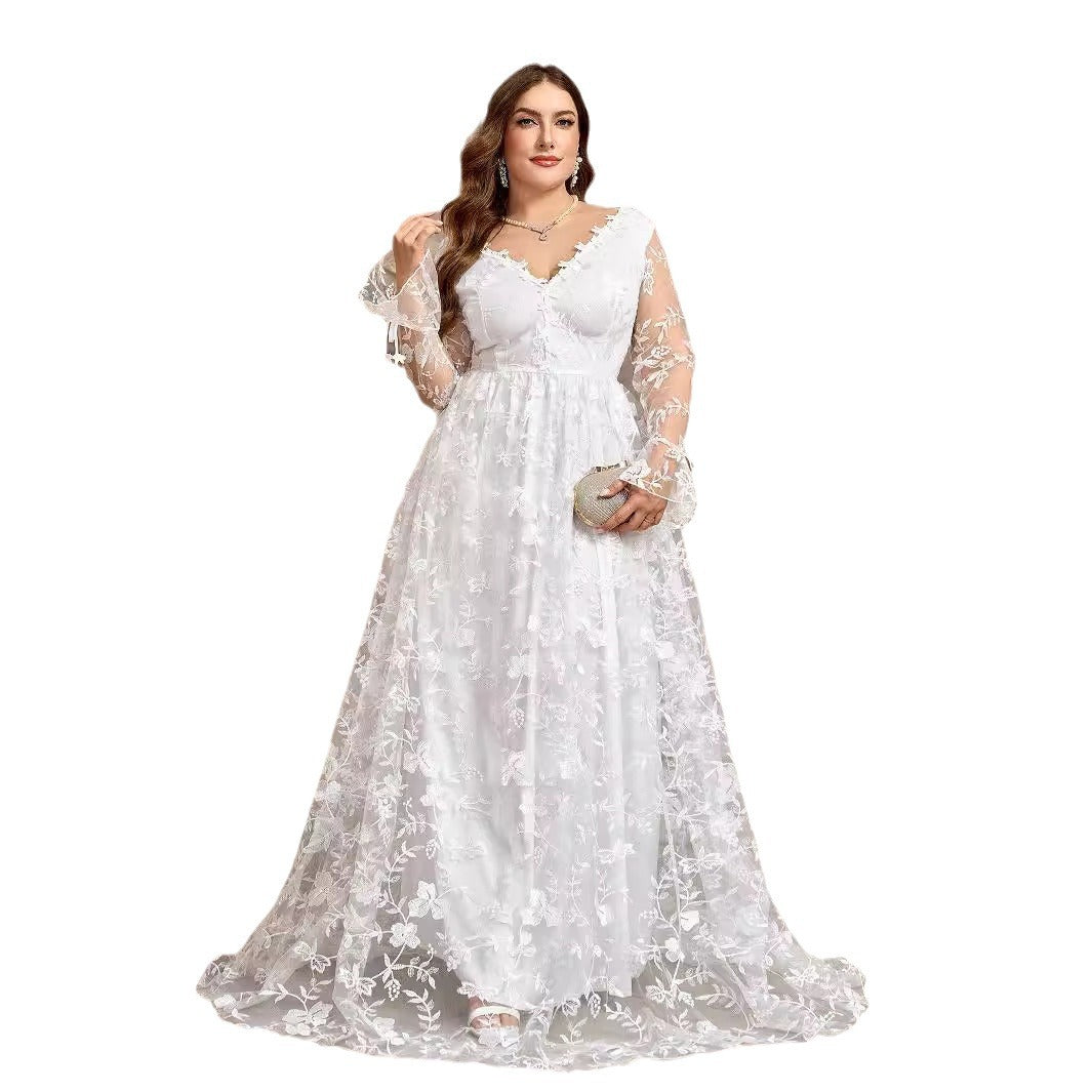 White V-Neck Wedding Bridal Gown Formal Dress
