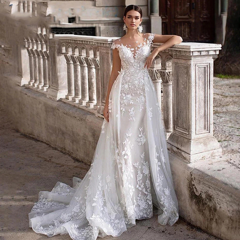 2-in-1 Lace Mermaid Wedding Dress with Detachable Tulle Overskirt.