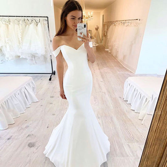 Minimalist Off-the-Shoulder Satin Mermaid Wedding Dress.