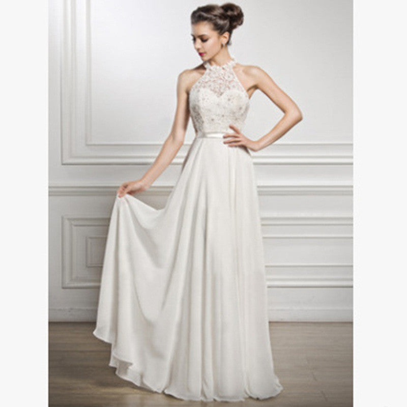 High-Neck Lace Bodice Maxi Dress - White A-Line Formal Evening Gown