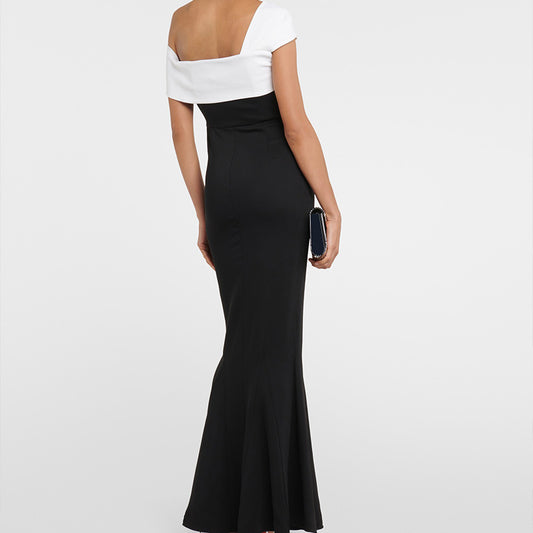 Contrast Off-the-Shoulder Mermaid Gown - Two-Tone Twist Neckline Evening Dress, Black & White