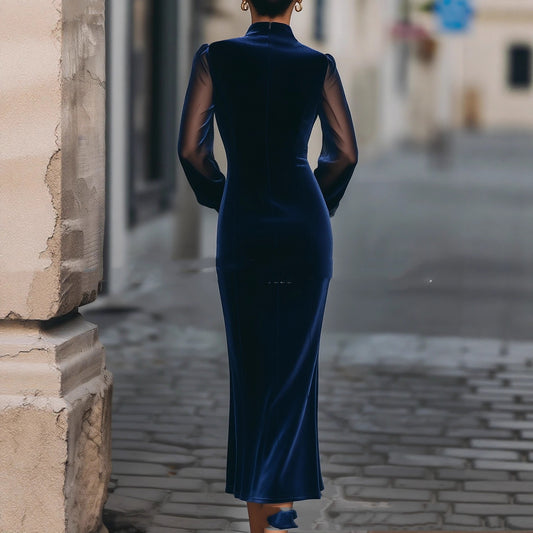 High Neck Velvet Maxi Dress with Sheer Mesh Long Sleeves