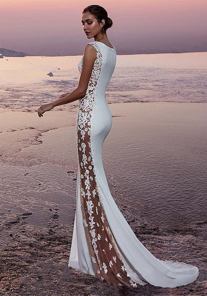 Sleeveless Mermaid Wedding Dress - Illusory Lace Side Cutout Bridal Gown