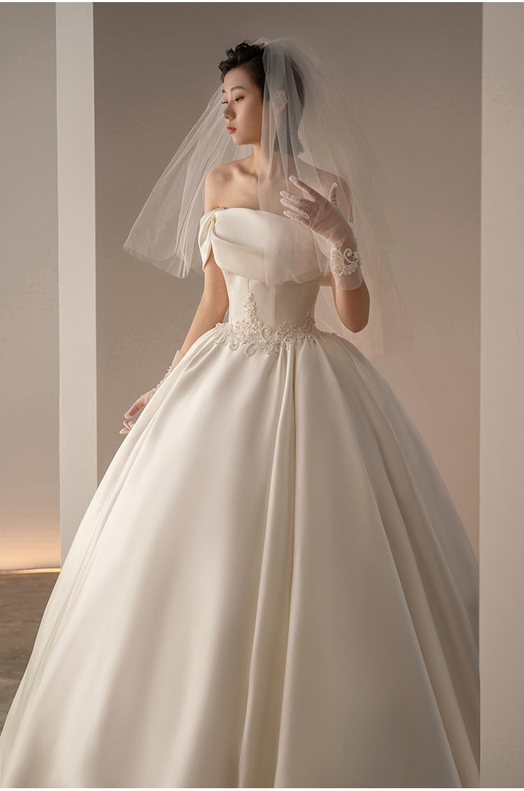 Vintage Satin Off-Shoulder Ball Gown Wedding Dress - Retro A-Line Bridal Gown.