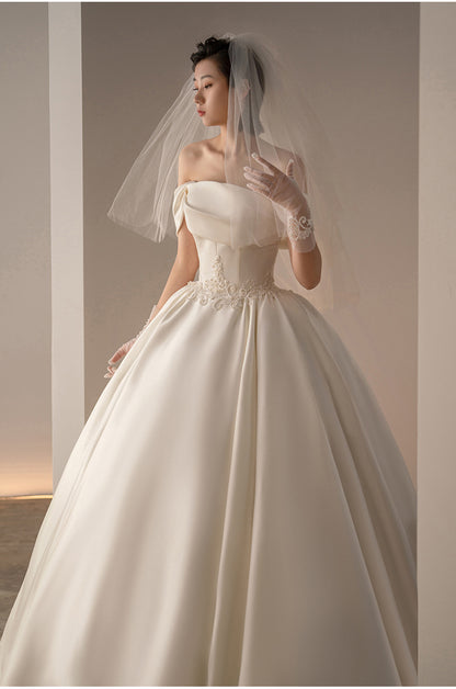 Vintage Satin Off-Shoulder Ball Gown Wedding Dress - Retro A-Line Bridal Gown.