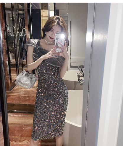 Organza Oblique Shoulder Dress Pencil Skirt Dress