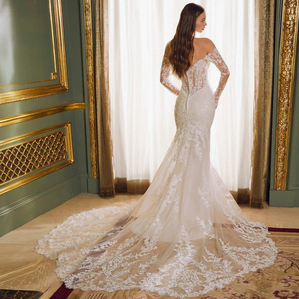 Elegant Off-Shoulder Lace Fishtail Wedding Gown