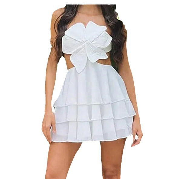 Fashion White Halter Flower Backless Dress