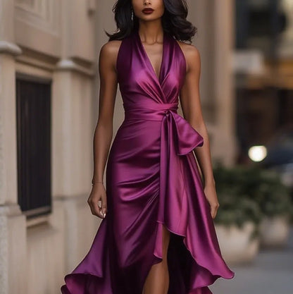 Elegant Deep V-neck Irregular Women's Ruffled Evening Dress Gowns Solid Color Lace-up High Waist Satin Party Dresses Wedding Guests Dress