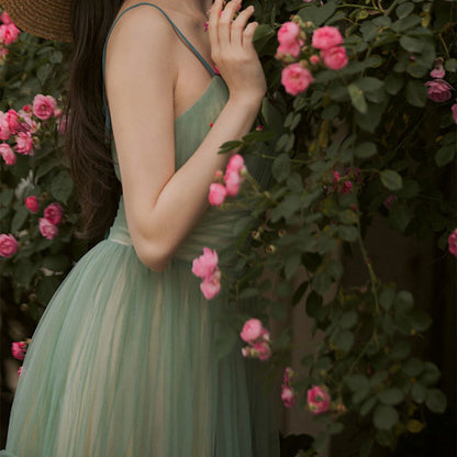 Women's Green Suspender Long Bridesmaid Dress