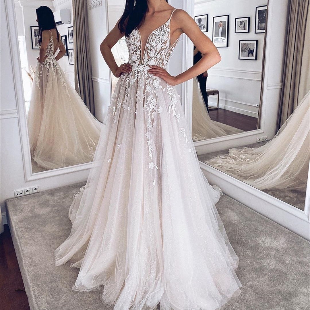 Romantic 3D Floral Lace A-Line Wedding Dress with Plunging V-Neck.