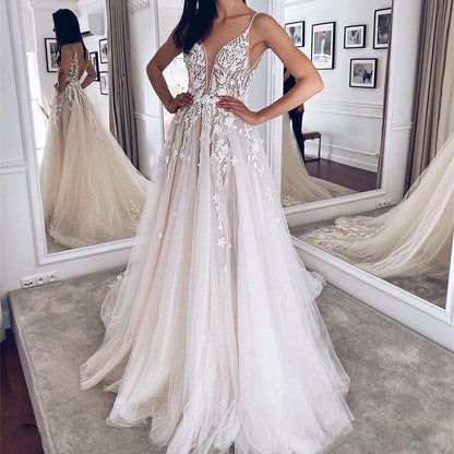 Romantic 3D Floral Lace A-Line Wedding Dress with Plunging V-Neck.