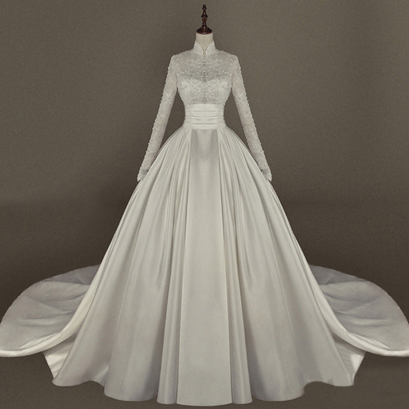 Women's Simple Mori Style Wedding Dress Long Sleeve Lace