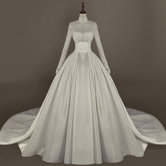 Women's Simple Mori Style Wedding Dress Long Sleeve Lace