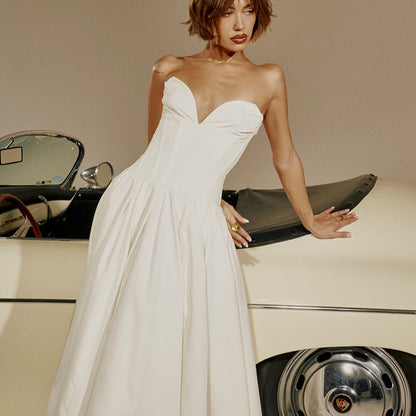 Solid-color V-neck Maxi-length Sleeveless Boned Bustier Elegant Sexy Figure-flattering Midi Dress