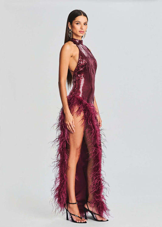 Sequin Halter Maxi Dress - Feather Trim High-Slit Evening Gown, Burgundy Wine