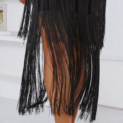 High-grade Black Sexy Bandage Tassel Dress