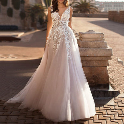 Embroidered Lace A-Line Wedding Dress with Deep V-Neck.