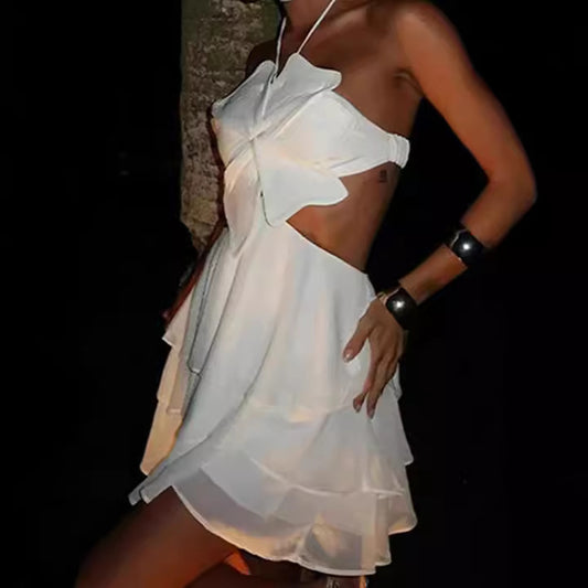 Fashion White Halter Flower Backless Dress