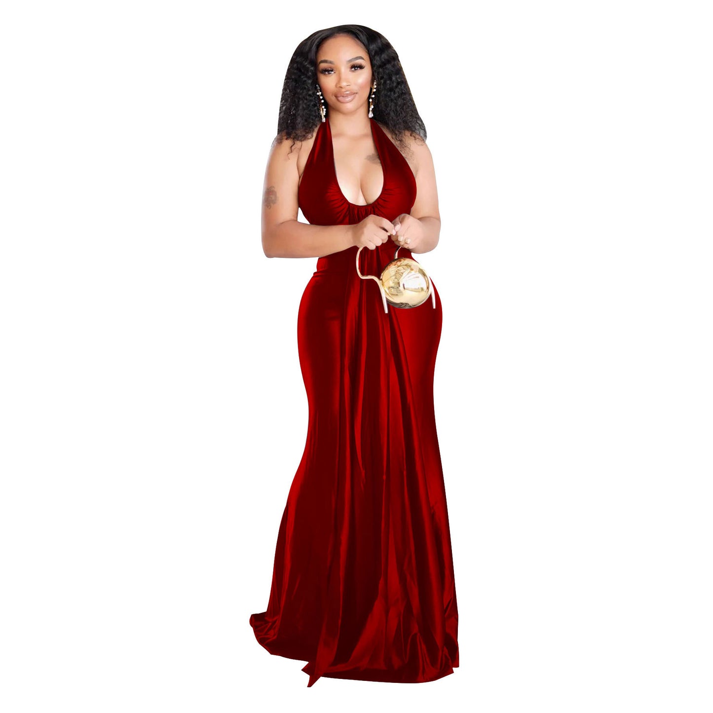U-neck Halter Formal Dress Solid-color One-piece Dress
