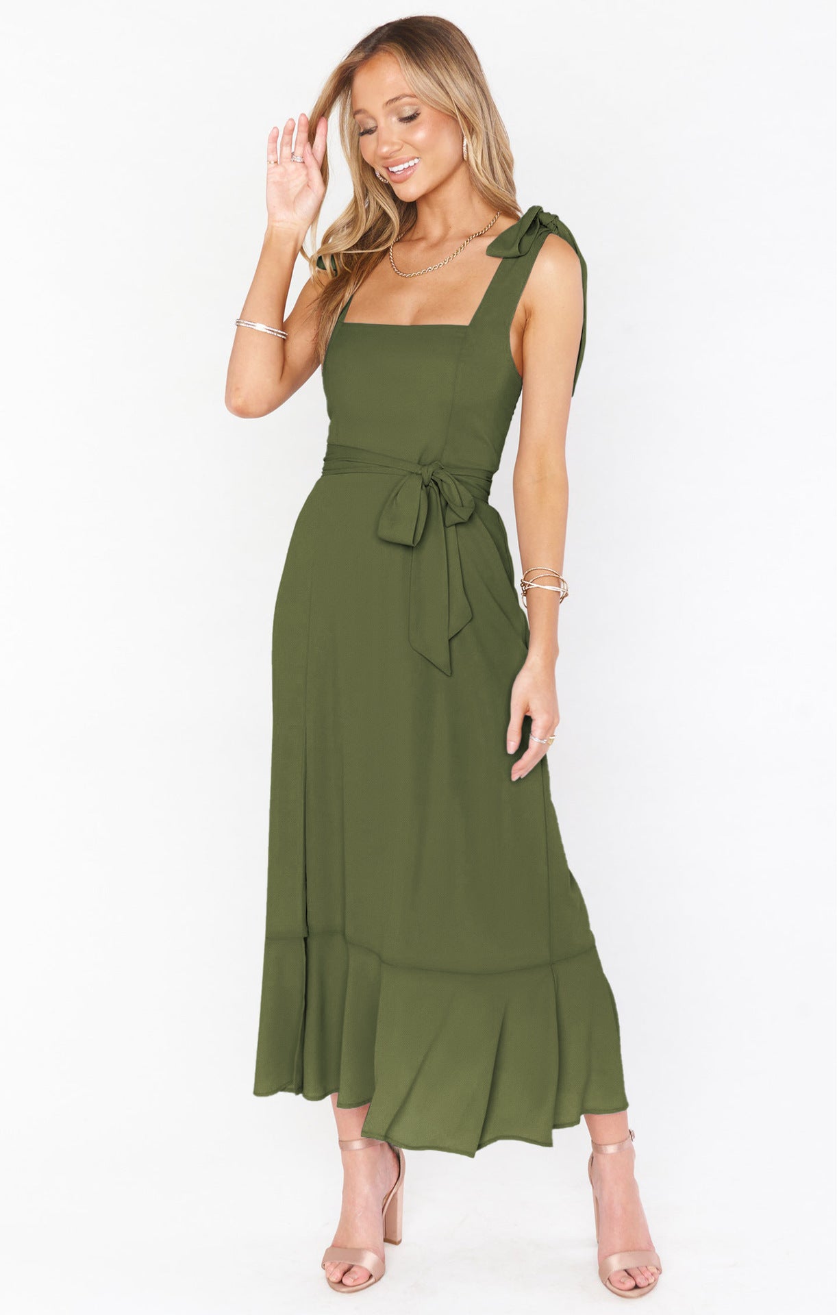 Women's Summer Elegant Square Neck Ruffle Split Midi Formal Dress