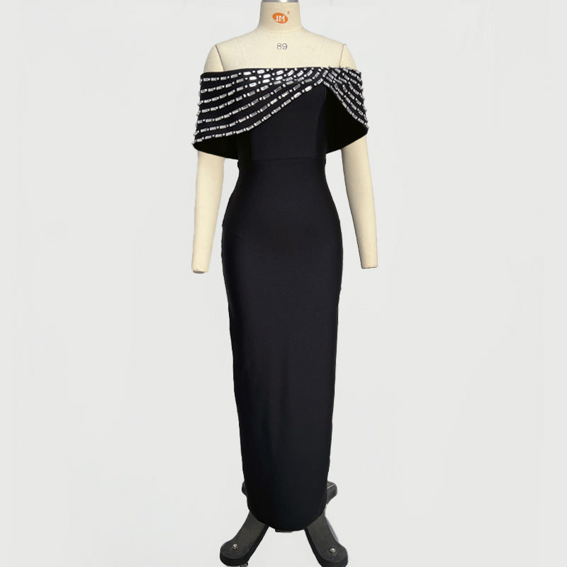Off-shoulder Handmade Diamond Strip Dress Evening Dress
