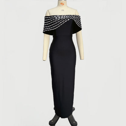 Off-shoulder Handmade Diamond Strip Dress Evening Dress