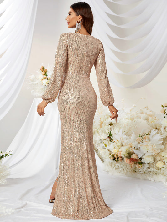 Sequin V-Neck Long-Sleeve Fishtail Prom Gown With High Slit