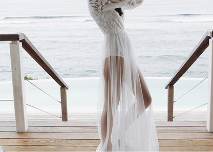 Boho Long Sleeve Lace Beach Cover-Up – Sheer Mesh Maxi Dress