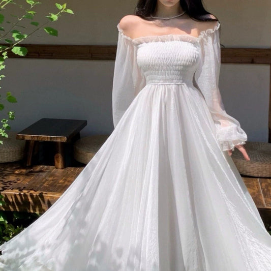 Off-The-Shoulder Chiffon Wedding Dress - Long Puff Sleeve Fairy Bridal Gown