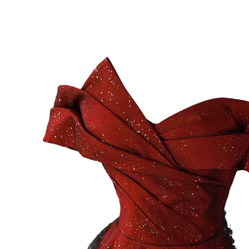 Off-shoulder Red Formal Dress Plus Size Slimming Engagement Dress