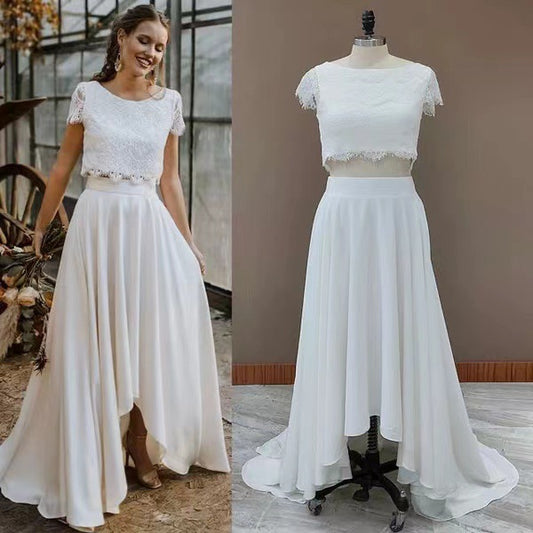 Two-piece Lace And Satin Wedding Dress With A Back Slit