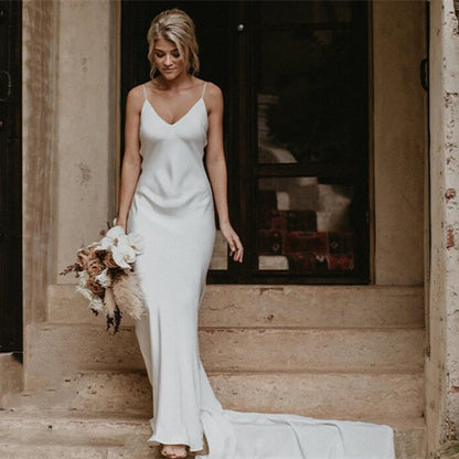 Minimalist Satin Slip Wedding Dress | Low Back Bridal Gown with Train.