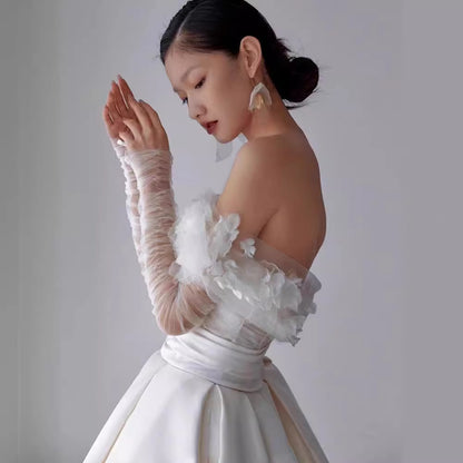 Mori Girl Off-Shoulder Ball Gown Wedding Dress - Ethereal Satin Bridal Gown.