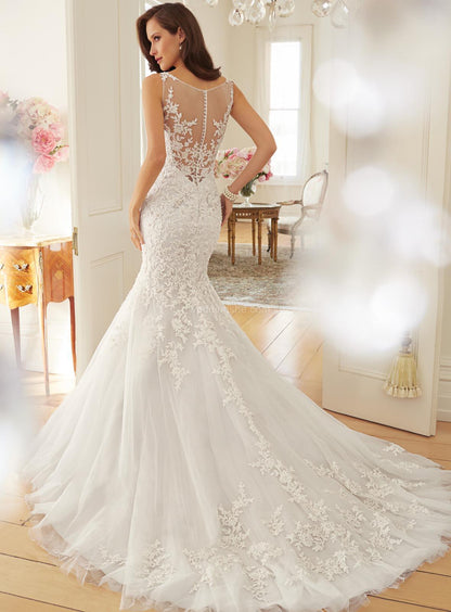Elegant Illusion Neckline Lace Mermaid Wedding Dress with Sweep Train.