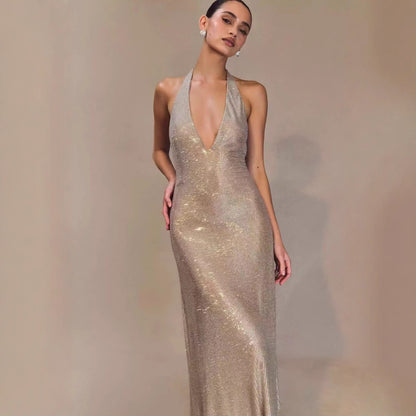 Women's Fashion Deep V-neck Prom Sequin Sling Formal Dress