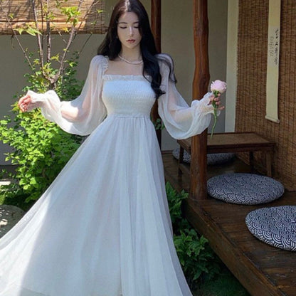 Off-The-Shoulder Chiffon Wedding Dress - Long Puff Sleeve Fairy Bridal Gown