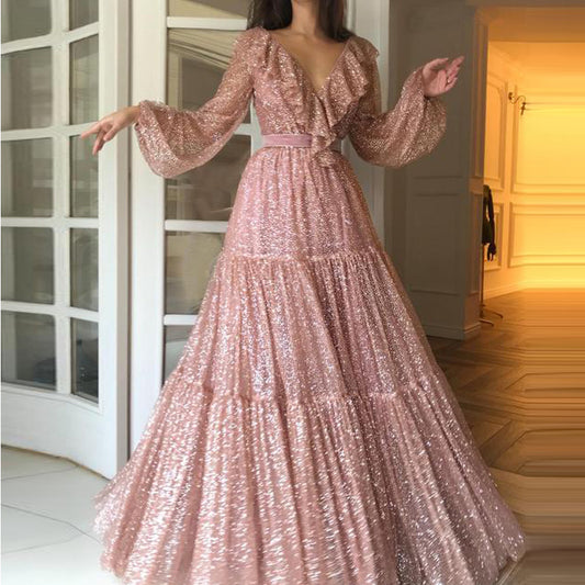 V-neck Sequin Dress With Big Swing Long Dress