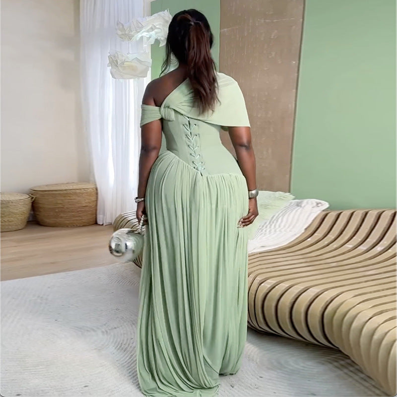 Slant-neck Pleated Lace-up Waist-cinched Long Short-sleeve Dress