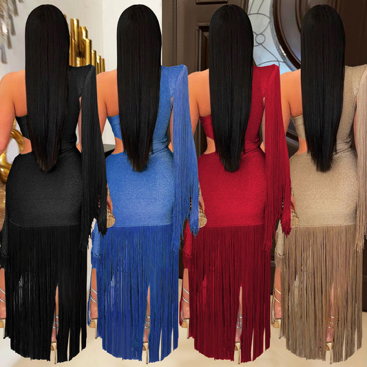 Fashionable Womens Sexy Casual One-Shoulder Tassel Dress