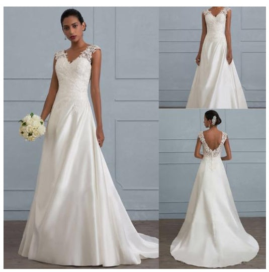 White Lace A-Line Wedding Dress - Low V-Neck Backless Bridal Gown