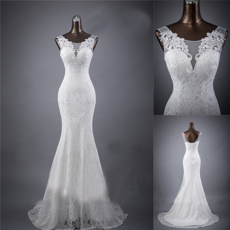 Elegant Lace Trumpet Wedding Dress with Illusion Neckline and Train.