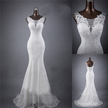 Elegant Lace Trumpet Wedding Dress with Illusion Neckline and Train.